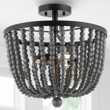 Drift Wood Bead 16" Bohemian Farmhouse Iron LED Semi Flush Mount - JONATHAN Y